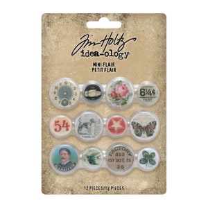 May include: A package of twelve mini flair embellishments. Each flair is a small, round, clear plastic button with a vintage-style image. Images include a clock face, hand, rose, fare sign, number 54, dog, star, butterfly, man's portrait, bird, factory sign, and four-leaf clover.