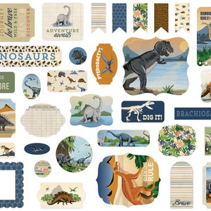Carta Bella DINOSAURS Collection Ephemera, 33 Pieces, Die Cut Cardstock Pieces, Dinosaur Theme Scrap and Papercraft, Dinosaur Die Cuts