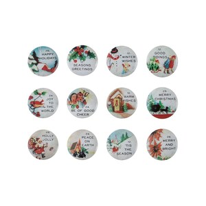 May include: Nine vintage Christmas button pins with various holiday greetings and illustrations. The buttons are round and feature colorful images of snowmen, carolers, and holiday scenes.
