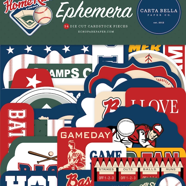 Carta Bella Home Run Collection Ephemera, 34 Pieces, Baseball Theme Scrapbook and Papercraft, Baseball Theme Die Cut Cardstock Pieces