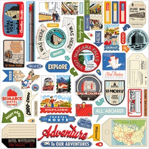 Carta Bella ALL ABOARD 12X12 Sticker Sheet, Retro/Vintage Train Theme Scrapbook and Papercraft, Train Travel Stickers, All Aboard Stickers