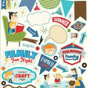 Carta Bella FAMILY Night Collection, Adhesive Chipboard Phrases, Retro Family Time Theme Scrapbook and Papercraft, MCM Family Chipboard