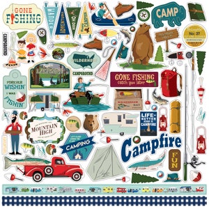 Carta Bella Paper Co. GONE CAMPING 12X12 Sticker Sheet, Adventure/Fishing/Camping Scrapbook and Papercraft