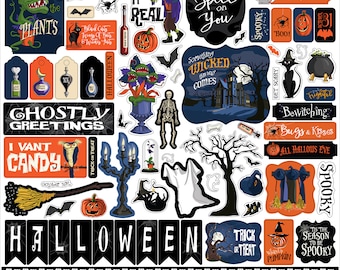 Carta Bella Paper Co. Hoja de pegatinas Hocus Pocus 12X12, álbum de recortes y manualidades de Halloween retro/vintage, pegatinas retro de Halloween