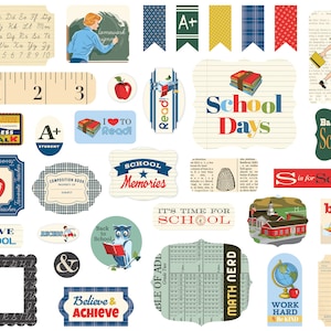 Carta Bella School Days Collection Ephemera, 33 Pieces, Retro/Vintage School Theme Scrap and Papercraft, School Days Ephemera