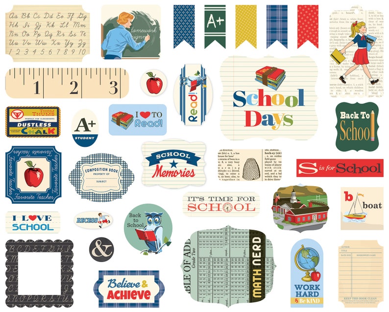 Carta Bella School Days Collection Ephemera, 33 Pieces, Retro/Vintage School Theme Scrap and Papercraft, School Days Ephemera 画像 1