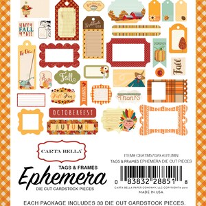 Carta Bella Autumn Collection Ephemera (Tags & Frames),  33 Pieces, Fall/Autumn/Thanksgiving Scrap and Papercraft