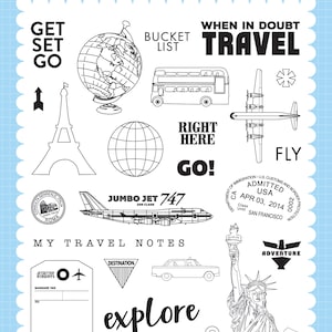 Carta Bella Designer Stamps, Passport Collection Stamps, "Get Set Go" Stamp Set, Retro Travel Stamps, Retro Travel Scrap and Papercrafts