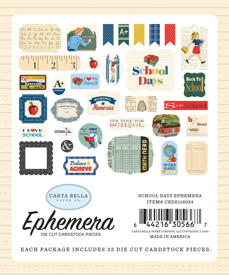 Carta Bella School Days Collection Ephemera, 33 Pieces, Retro/Vintage School Theme Scrap and Papercraft, School Days Ephemera 画像 3
