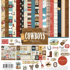 Carta Bella COWBOYS Collection Kit, Twelve 12X12 Double-sided Sheets and 12X12 Sticker Sheet, Retro Western/Cowboy Scrapbook and Papercraft