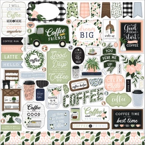 Echo Park Paper Company Coffee AND FRIENDS Collection Element Stickers, 12X12 Sticker Sheet, Coffee Theme Papercraft, Coffee Sticker Sheet