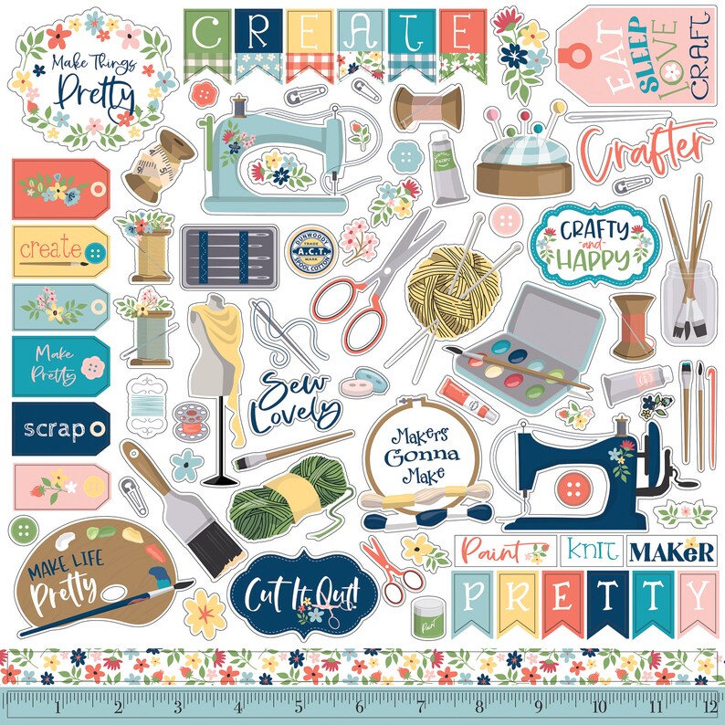 Carta Bella Paper Co. Craft & Create 12X12 Sticker Sheet, Sewing/Crafting Theme Scrapbook and Papercraft, Crafting/Sewing Theme Stickers imagen 1