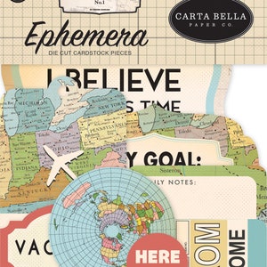 Carta Bella Paper Co. CARTOGRAPHY Collection Ephemera, 33 Pieces, Retro/Vintage Travel Die Cuts, Map/Travel Theme Papercraft