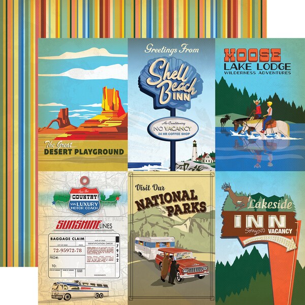 4 Assorted Sheets! Carta Bella Are We THERE Yet? Collection, 12X12 Double-sided Retro Road Trip Scrapbook, Vintage Travel Papercraft