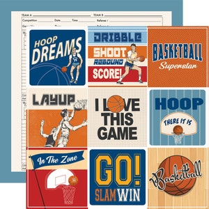 6 Assorted Sheets! Carta Bella SLAM DUNK Collection, 12X12 Double-sided Retro Basketball Scrapbook, Vintage Basketball Papercraft