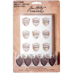 Tim Holtz idea-ology Shield Charms, 6 Charms, Vintage Inspired Assemblage, Tim Holtz Antique Nickel Shield Charms