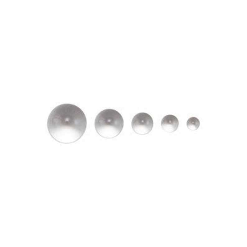 May include: Five white pearl beads of varying sizes, arranged in a row from largest to smallest.