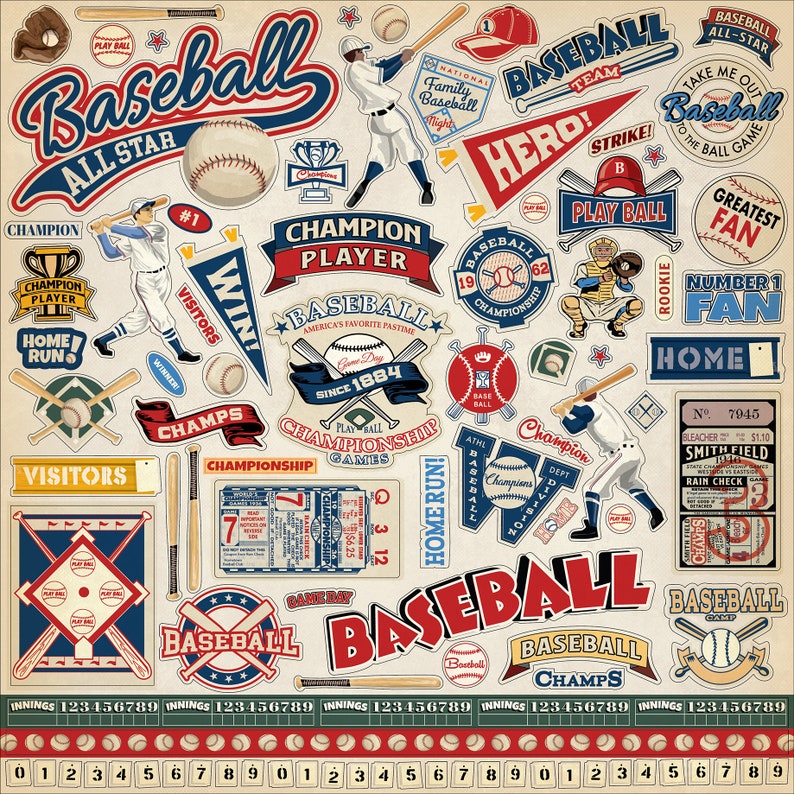 Carta Bella Baseball Collection 12X12 Sticker Sheet, Vintage Baseball Theme Scrapbook and Papercraft, Retro Baseball Stickers image 1