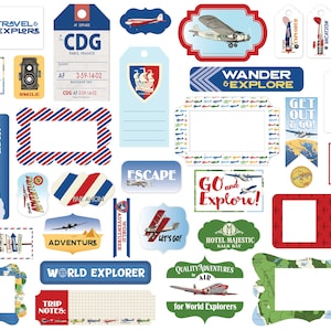 Carta Bella OUR TRAVEL ADVENTURE Collection Frames & Tags, 33 Die Cut Cardstock Pieces, Retro/Vintage Travel Scrap and Papercraft