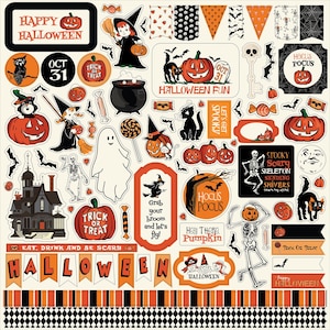 Carta Bella Paper Co. Halloween FUN! 12X12 Sticker Sheet, Retro/Vintage Halloween Scrapbook and Papercraft, Retro Halloween Stickers
