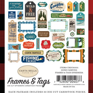 Carta Bella GONE CAMPING Collection Frames & Tags, Die Cut Ephemera,  33 Pieces, Retro/Vintage Camping/Outdoors/Fishing Scrap and Papercraft