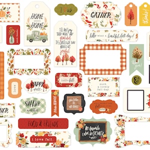 Carta Bella HELLO Autumn Collection Frames & Tags, 33 Pieces, Fall/Autumn Scrap and Papercraft, Fall Tags, Fall Ephemera, Fall Die Cut Tags