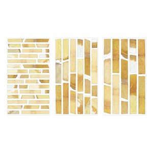 May include: Three rectangular frames with a pattern of yellow and white paper strips arranged in a brick pattern. The paper strips are different sizes and shapes.