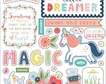 Echo Park Paper Co. little DREAMER GIRL Collection Puffy Stickers, little DREAMER Girl Stickers, Girl Scrap and Papercraft
