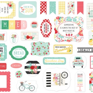 Carta Bella Summer MARKET Collection Ephemera, 33 Pieces, Summer Die Cut Cardstock Tags, Summer Fruit/Floral Theme Papercraft