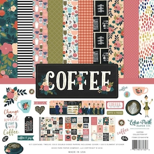 Echo Park Paper Co. COFFEE Collection Kit, Eleven 12X12 Double-sided Sheets, 12X12 Sticker Sheet, Coffee Theme Paper, Coffee Paper Kit