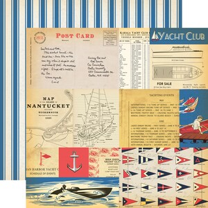 6 Assorted Sheets! Carta Bella YACHT CLUB Collection, 12X12 Double-sided Sheets, Retro/Vintage Sailing/Nautical Theme Scrap and Papercraft