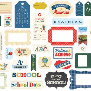 Carta Bella School Days Collection Ephemera, "Frames and Tags" 33 Pieces, Retro/Vintage School Theme Scrap and Papercraft, School Days Tags