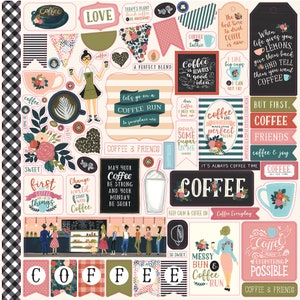 Echo Park Paper Co. COFFEE Collection Element Stickers, 12X12 Sticker Sheet, Coffee Stickers/Modern Floral Stickers, Coffee Papercraft