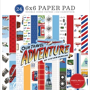 Carta Bella OUR TRAVEL ADVENTURE Collection 6 X 6 Paper Pad, 24 double-sided sheets, Train/Plane/World Travel Theme Scrap and Papercraft