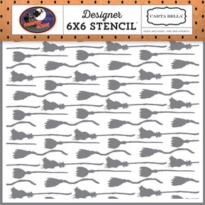Carta Bella Haunted House Designer 6X6 Stencil, Witch Brooms Stencil, Halloween Theme Scrapbooking, Cardmaking, and Papercrafting