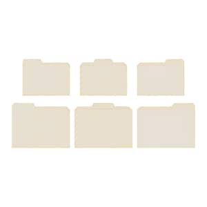 May include: Six beige file folders with a tab on the top. The folders are arranged in two rows of three.
