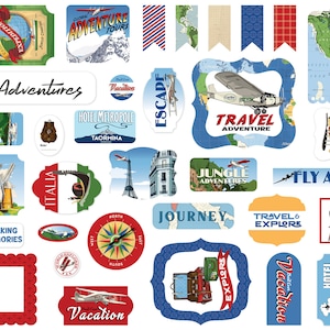 Carta Bella OUR TRAVEL ADVENTURE Collection Ephemera, 33 Die Cut Cardstock Pieces, Retro/Vintage Travel Scrap and Papercraft