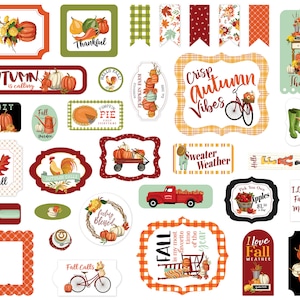 Carta Bella WELCOME Autumn Collection Ephemera, 33 Pieces, Fall Die Cut Paper Tags, Fall/Autumn/Thanksgiving Scrap and Papercraft