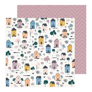May include: A white background with a repeating pattern of colorful houses, trees, and birds. The houses are in various shades of blue, pink, yellow, and orange. The trees are green and the birds are black.