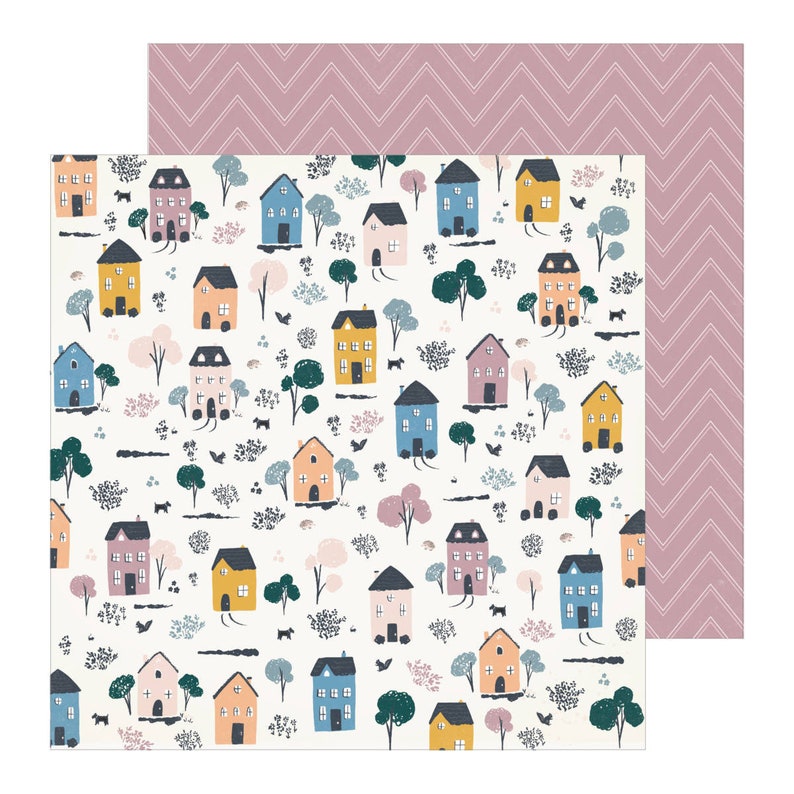 May include: A white background with a repeating pattern of colorful houses, trees, and birds. The houses are in various shades of blue, pink, yellow, and orange. The trees are green and the birds are black.