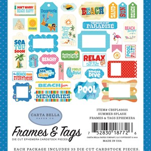 Carta Bella SUMMER Splash Collection Ephemera,  "Frames and Tags" 33 Pieces, Beach/Summer/Pool Theme Theme Scrap and Papercraft