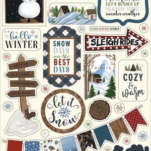 Echo Park Paper Co. Warm & COZY Collection, Adhesive Chipboard Phrases, Snow/Winter Scrapbook and Papercraft