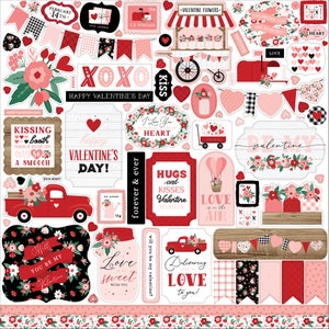 May include: A set of Valentine's Day themed digital stickers featuring red, pink, and black colors. The stickers include various designs such as hearts, flowers, trucks, and text. The text includes phrases like "Happy Valentine's Day", "Kissing Booth", "Love is Sweet", and "Forever & Ever".