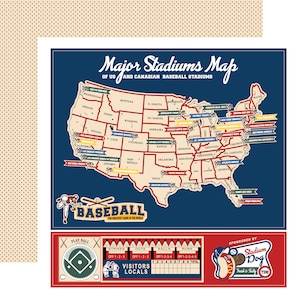 10 Assorted Sheets! Carta Bella Home Run Collection, 12X12 Double-sided Sheets, Retro Baseball Scrapbook, Vintage Baseball Papercraft