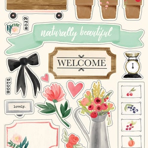 Carta Bella Flower Market Collection, Adhesive Chipboard Accents, Flower Market Theme Scrapbook and Papercraft