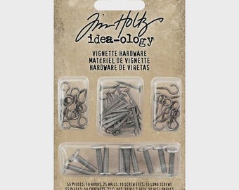 Tim Holtz idea-ology Vignette Hardware, 55 Pieces, Hooks, Nails, Screw Eyes and Screws for Vignette Boxes and Trays, Assemblage/Mixed Media