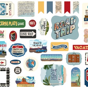 Carta Bella ROAD TRIP Collection Ephemera, 33 Die Cut Pieces, Retro/Vintage Road Trip/Travel Scrap and Papercraft, Road Trip Paper Tags