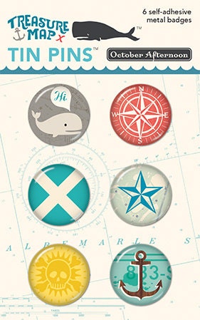 October Afternoon Treasure Map Collection Tin Pins, Self Adhesive Metal Pins, Paper Crafting, Scrapbook Embellishment, Nautical Scrapbook