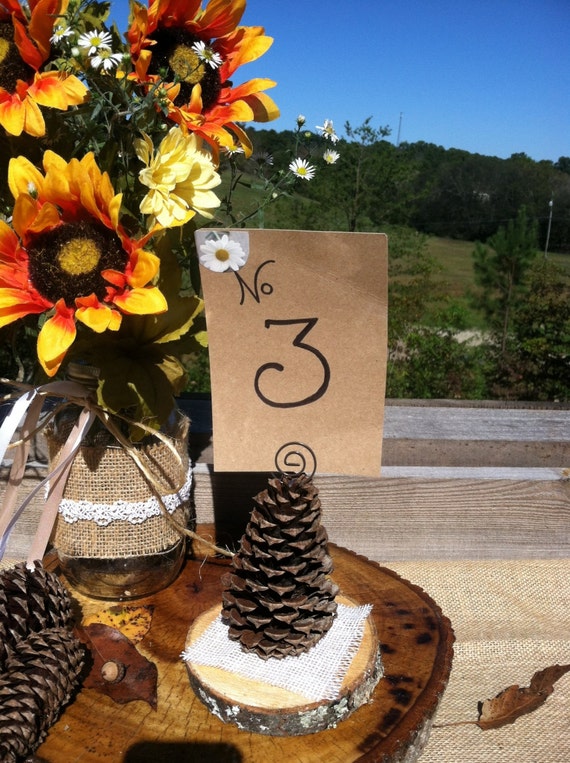 Items similar to Table numbers or wedding favors or card holders rustic pine cones on burlap