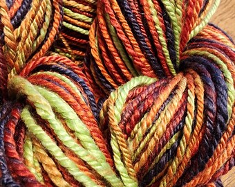 Handspun Hand Dyed Merino Yarn Mardi Gras in Lime Green Orange Black Wine, Chain Plyed 4 Oz